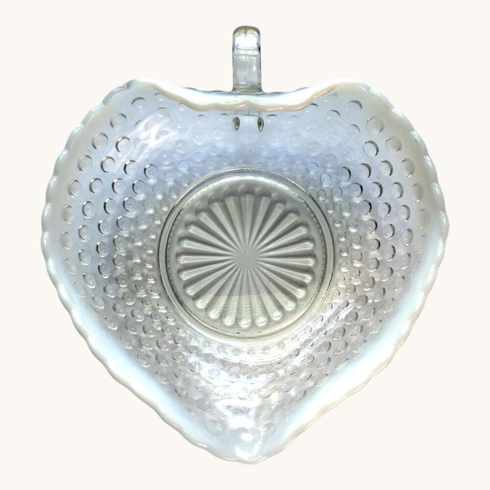 Moonstone Heart Shaped Anchor Hocking Nappy Dish Opalescent Edge Handle